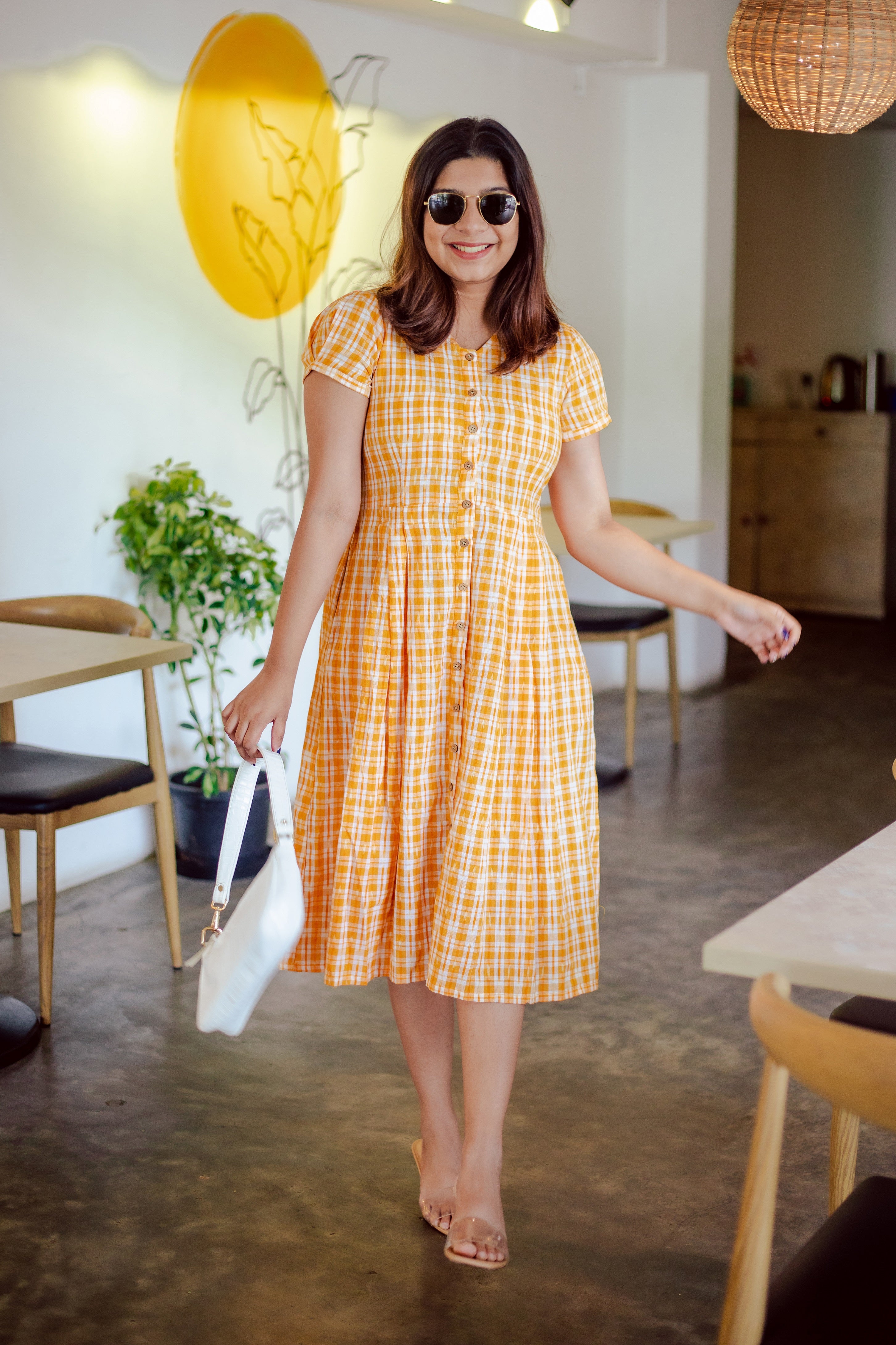 Yellow checks shift dress – SILAYI