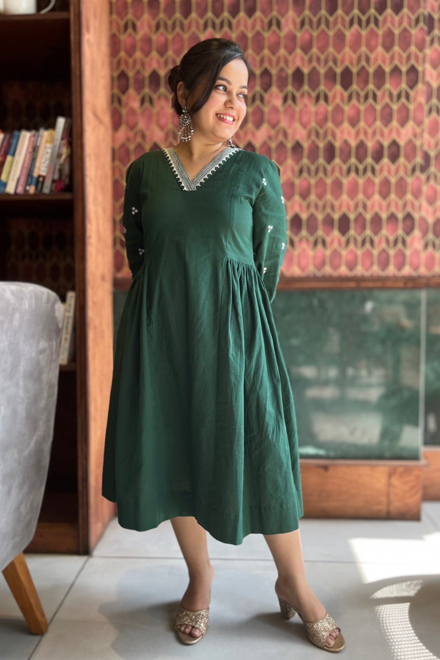 Ira gathered dress/kurta-Green