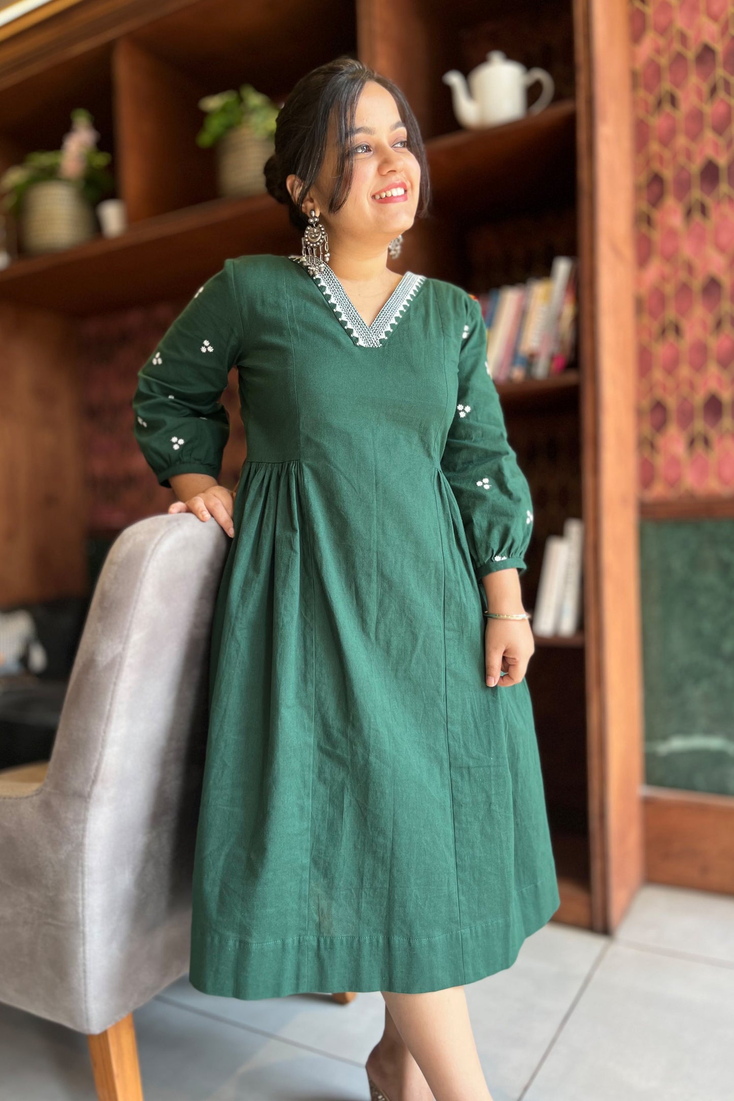 Ira gathered dress/kurta-Green