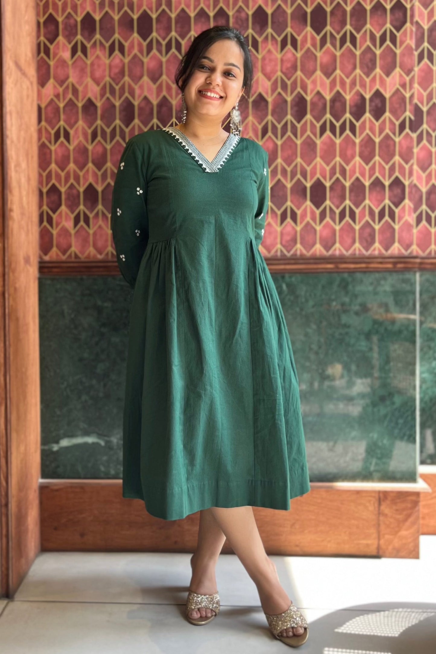 Ira gathered dress/kurta-Green