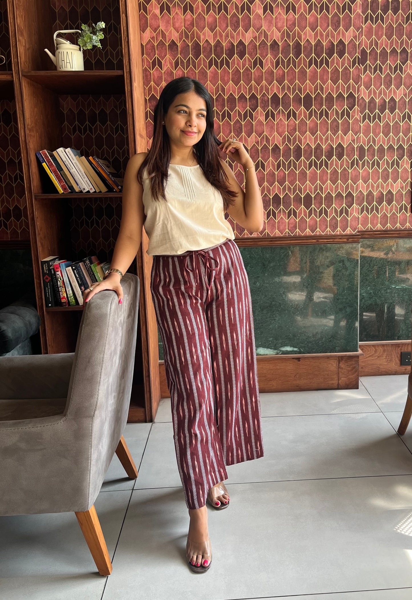 Wine wide legged Ikat pants