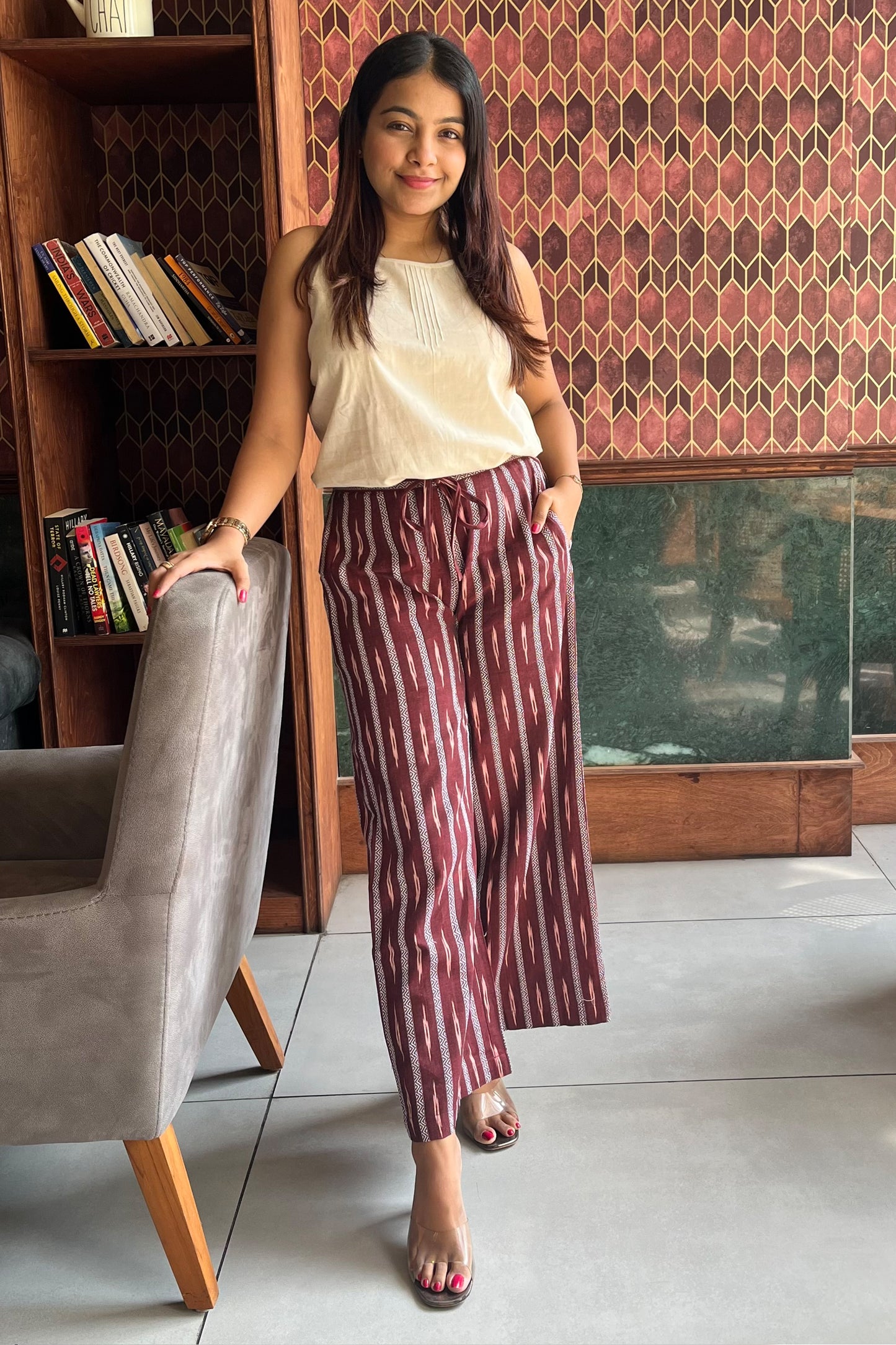 Wine wide legged Ikat pants