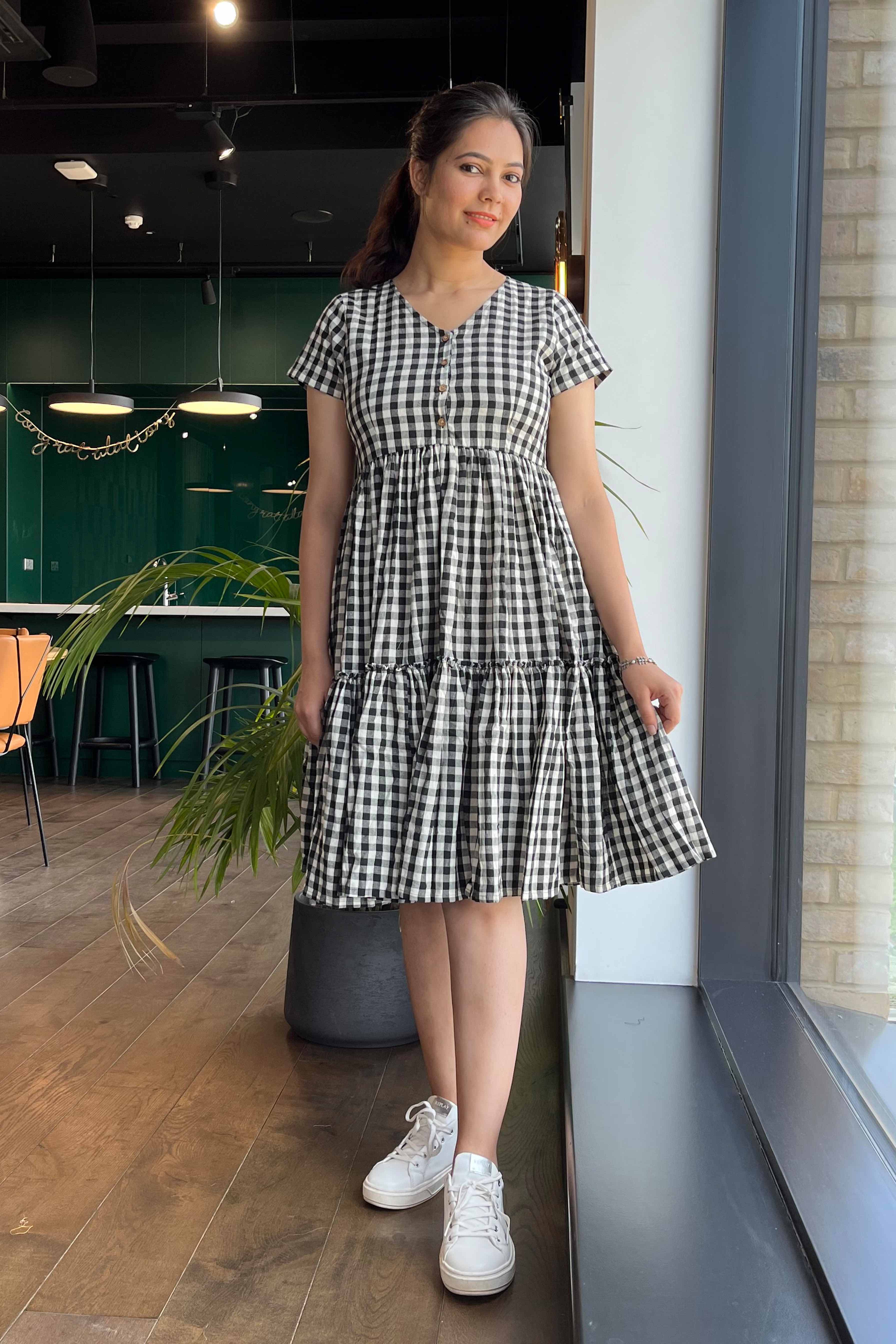 2-WAY Checked Cotton Short Sleeve One Piece Dress – Mini-U